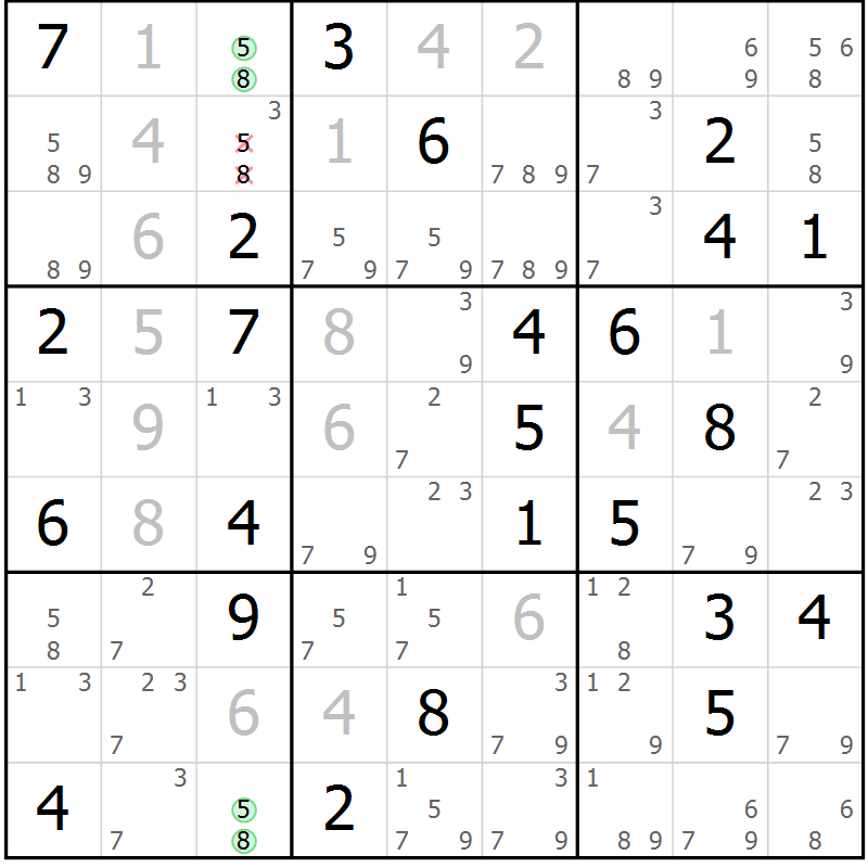 Position des candidats pour la solution de la Gr 45 page 48 du magazine de sudoku Virtuose n° 130