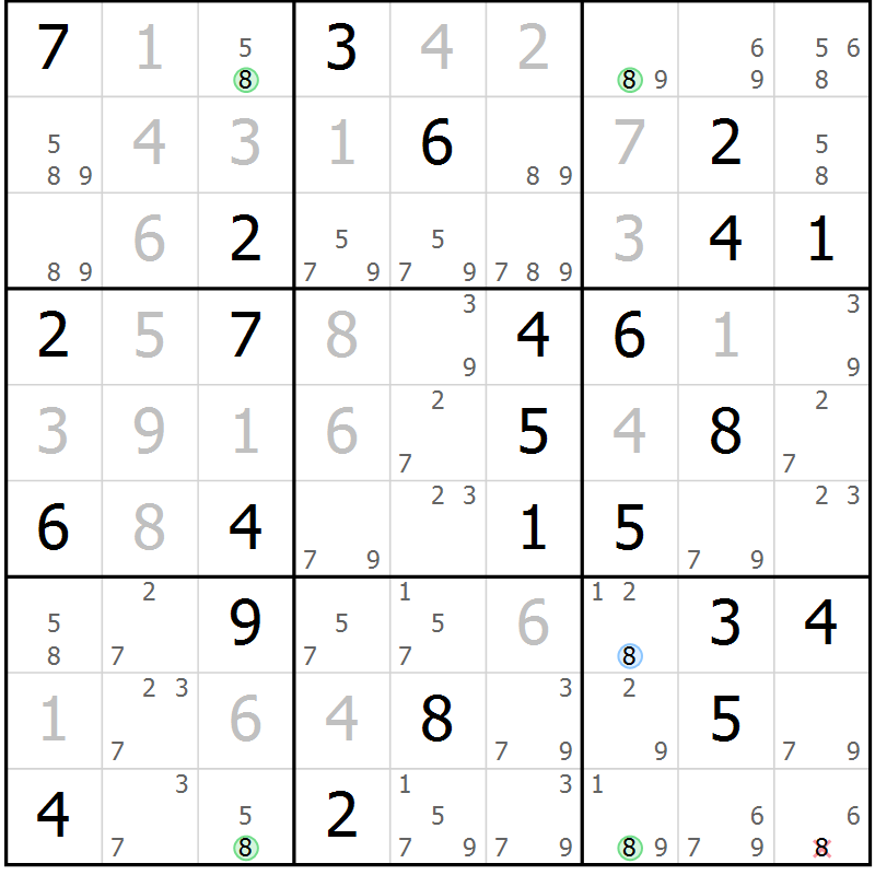 Position des candidats pour la solution de la Gr 45 page 48 du magazine de sudoku Virtuose n° 130