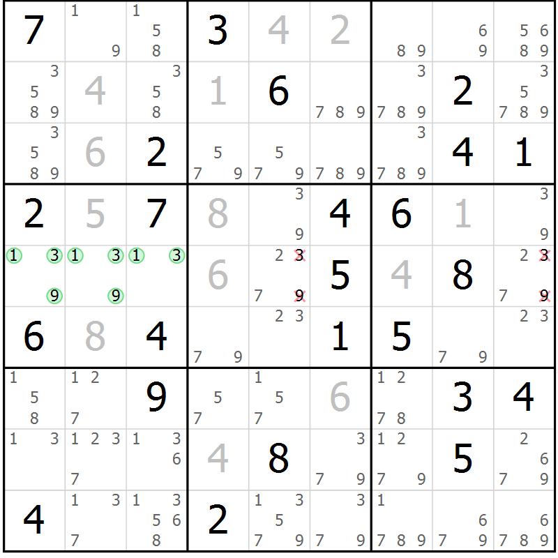 Position des candidats pour la solution de la Gr 45 page 48 du magazine de sudoku Virtuose n° 130