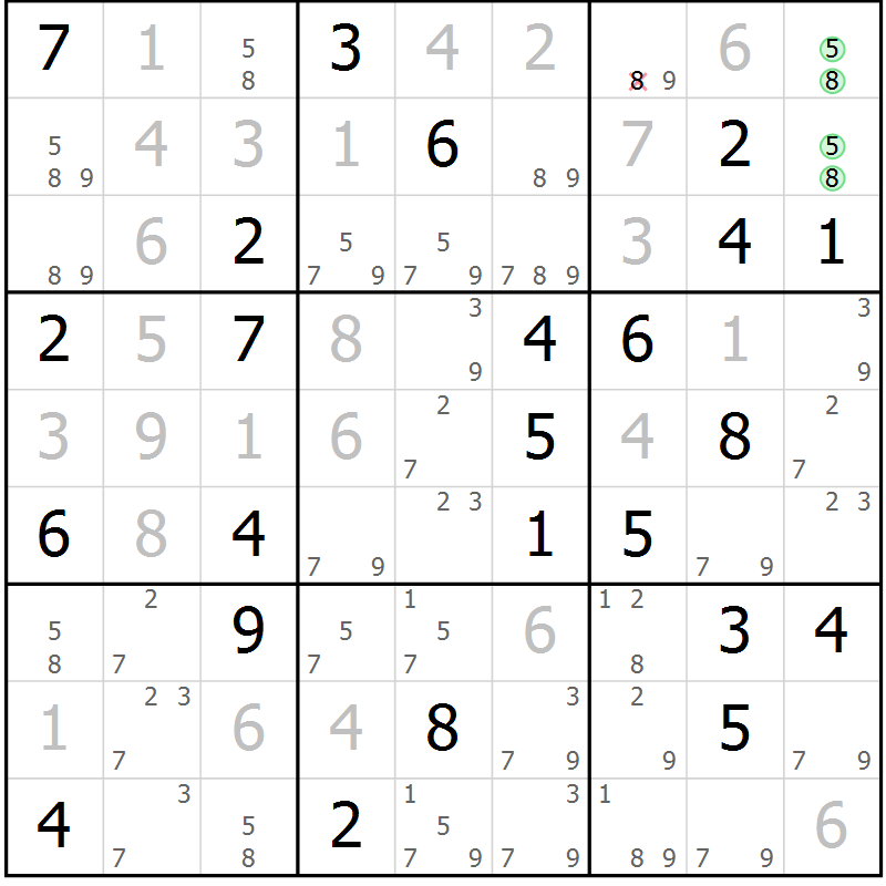 Position des candidats pour la solution de la Gr 45 page 48 du magazine de sudoku Virtuose n° 130