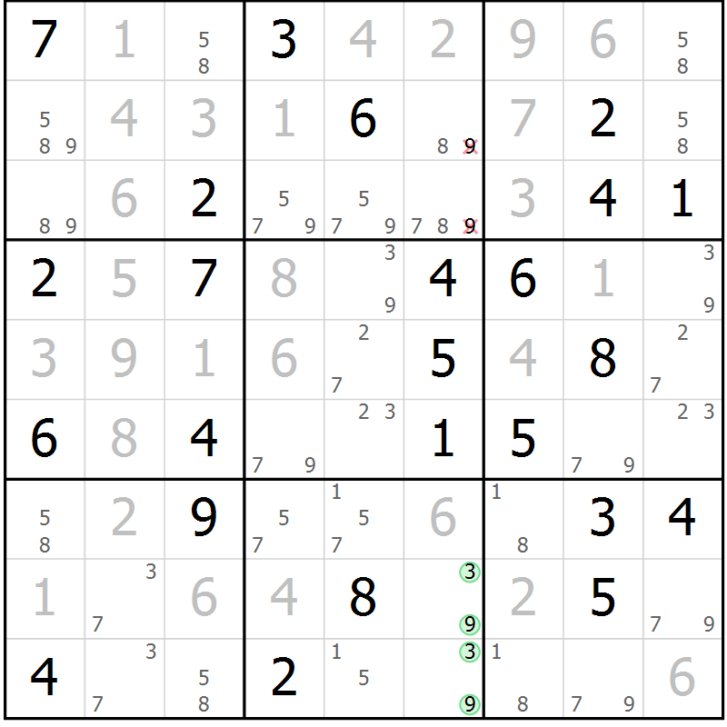 Position des candidats pour la solution de la Gr 45 page 48 du magazine de sudoku Virtuose n° 130