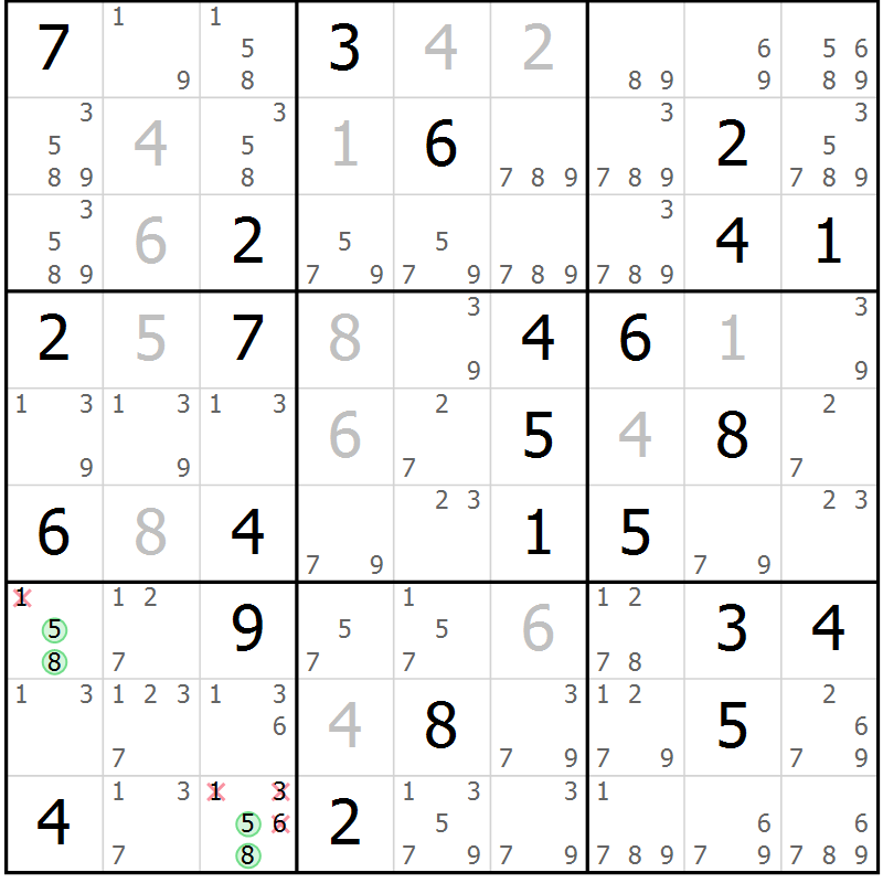 Position des candidats pour la solution de la Gr 45 page 48 du magazine de sudoku Virtuose n° 130