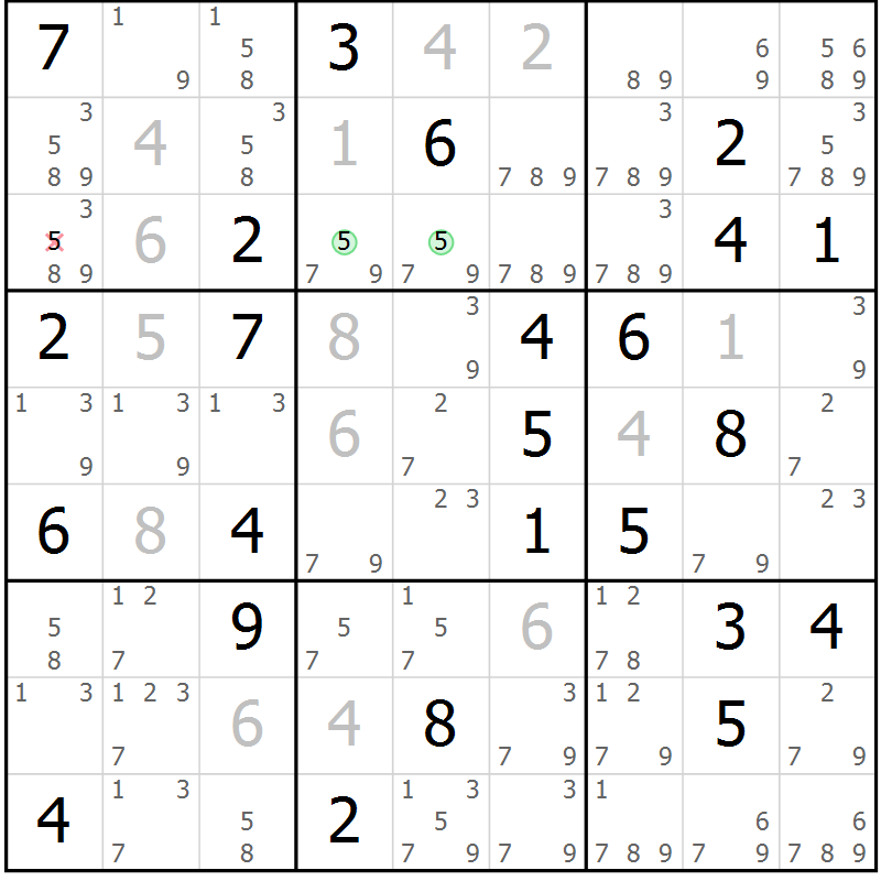 Position des candidats pour la solution de la Gr 45 page 48 du magazine de sudoku Virtuose n° 130