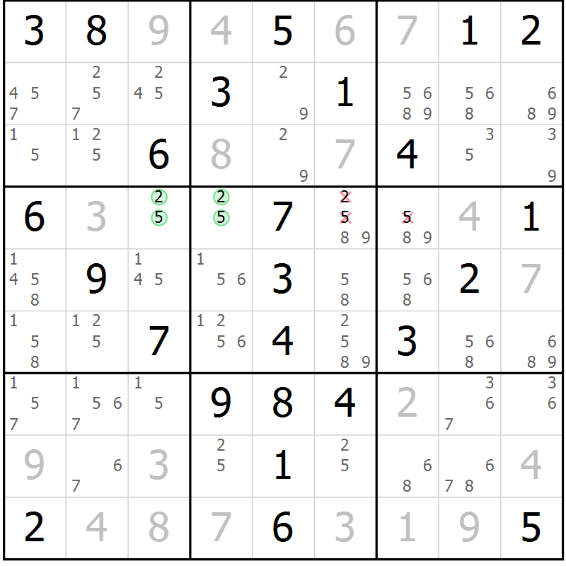 Position des candidats pour la solution de la Gr 47 page 50 du magazine de sudoku Virtuose n° 130