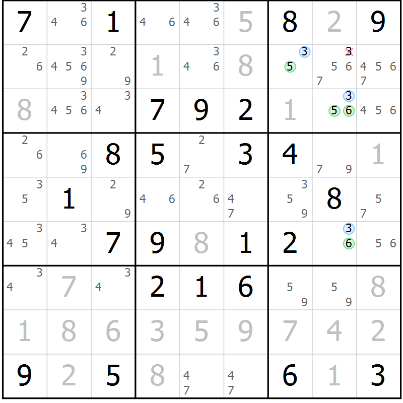 Position des candidats pour la solution de la Gr 49 page 52 du magazine de sudoku Virtuose n° 130