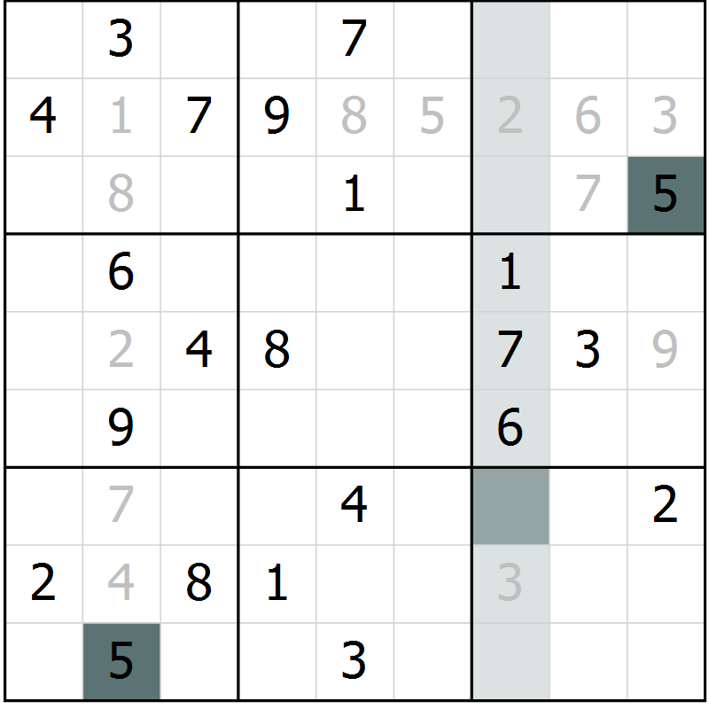 Position des candidats pour la solution de la Gr 5 page 8 du magazine de sudoku Virtuose n° 130
