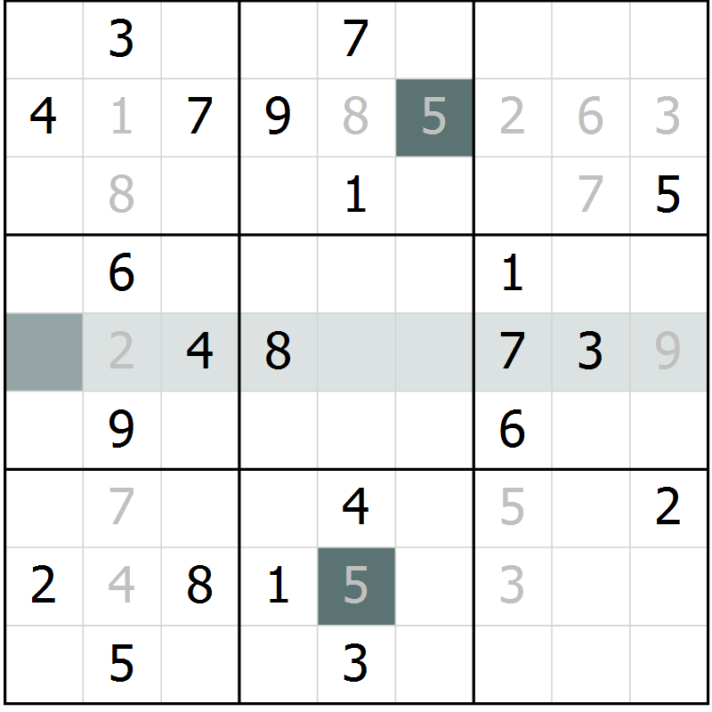 Position des candidats pour la solution de la Gr 5 page 8 du magazine de sudoku Virtuose n° 130