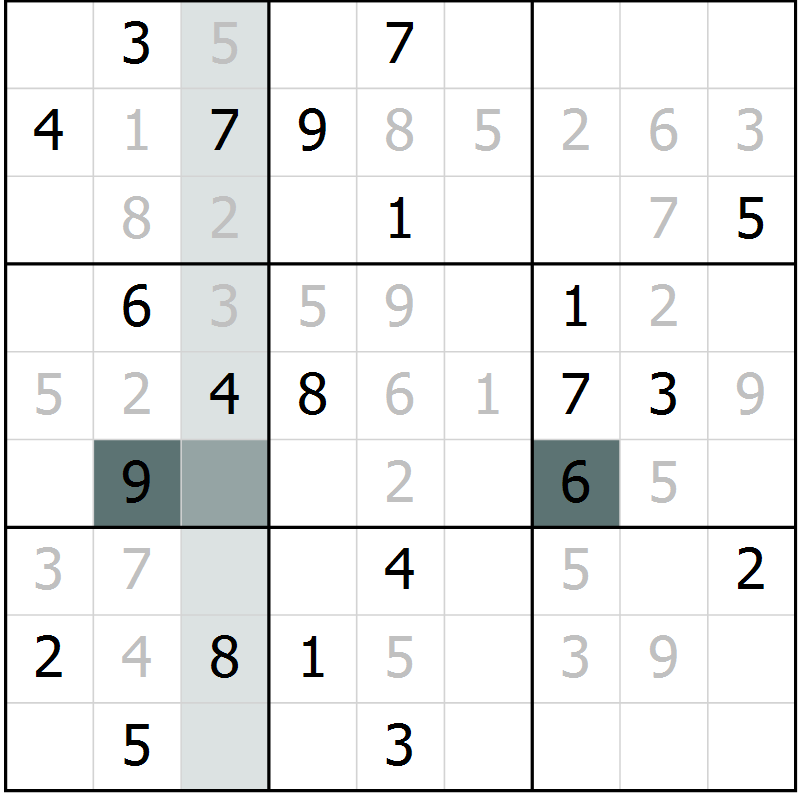 Position des candidats pour la solution de la Gr 5 page 8 du magazine de sudoku Virtuose n° 130