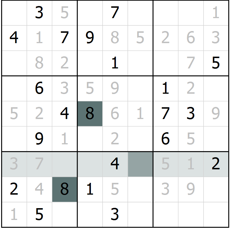 Position des candidats pour la solution de la Gr 5 page 8 du magazine de sudoku Virtuose n° 130