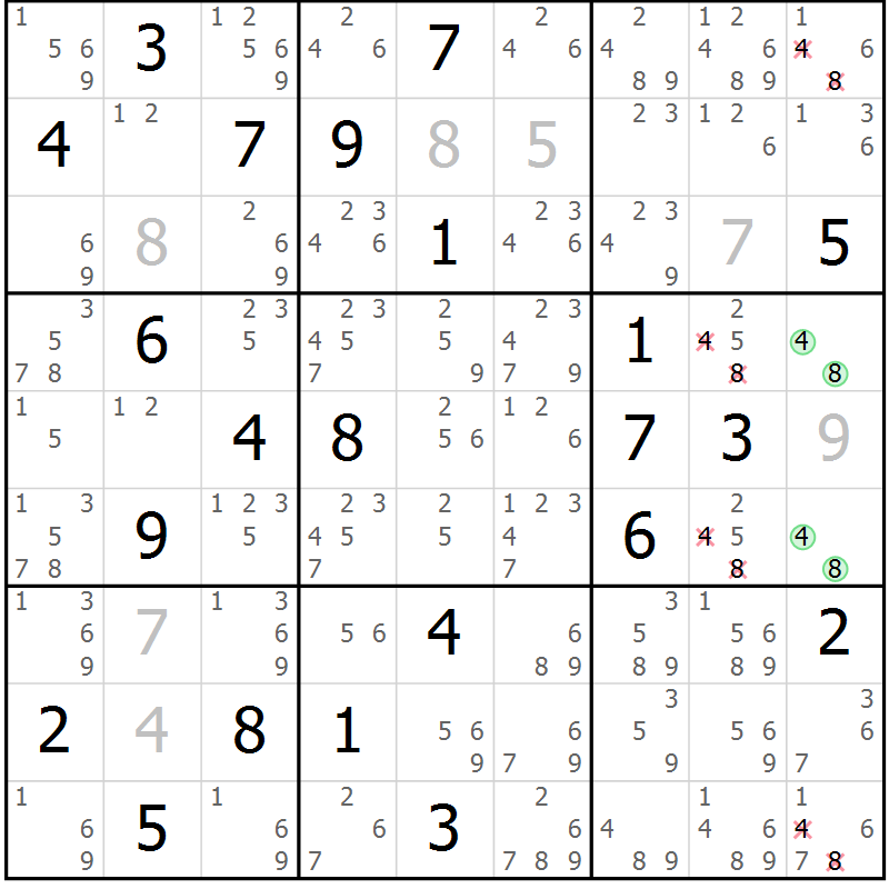 Position des candidats pour la solution de la Gr 5 page 8 du magazine de sudoku Virtuose n° 130