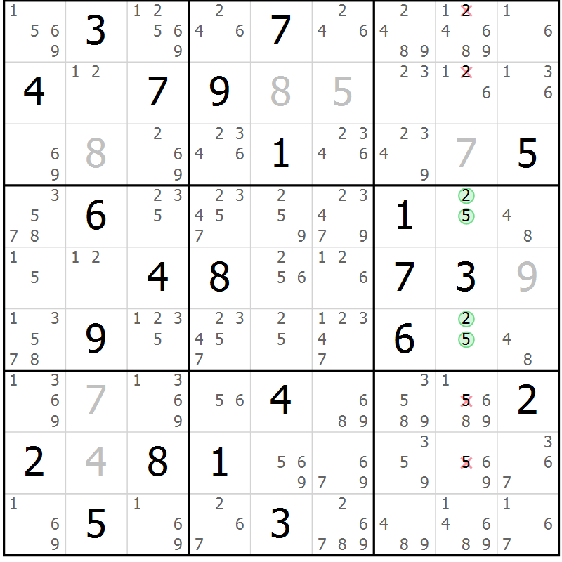 Position des candidats pour la solution de la Gr 5 page 8 du magazine de sudoku Virtuose n° 130