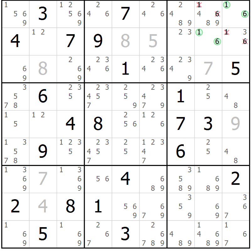 Position des candidats pour la solution de la Gr 5 page 8 du magazine de sudoku Virtuose n° 130