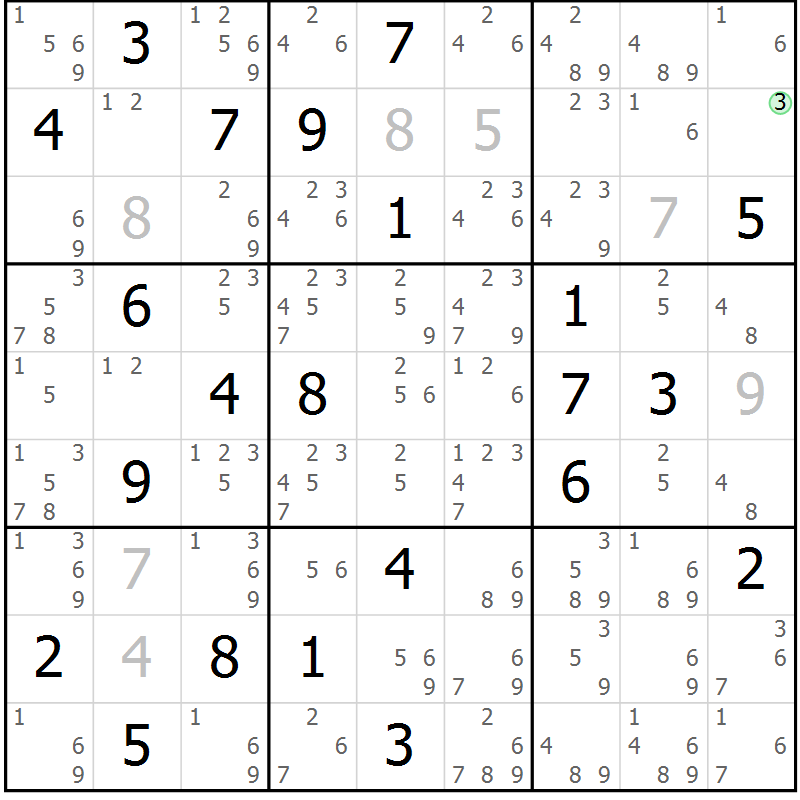 Position des candidats pour la solution de la Gr 5 page 8 du magazine de sudoku Virtuose n° 130