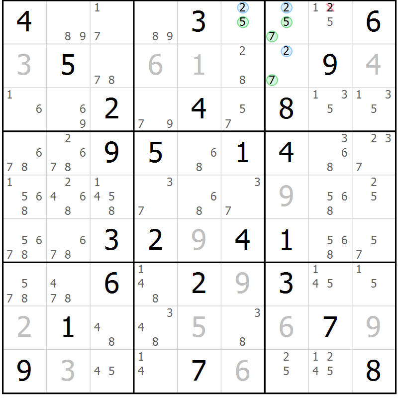 Position des candidats pour la solution de la Gr 50 page 53 du magazine de sudoku Virtuose n° 130