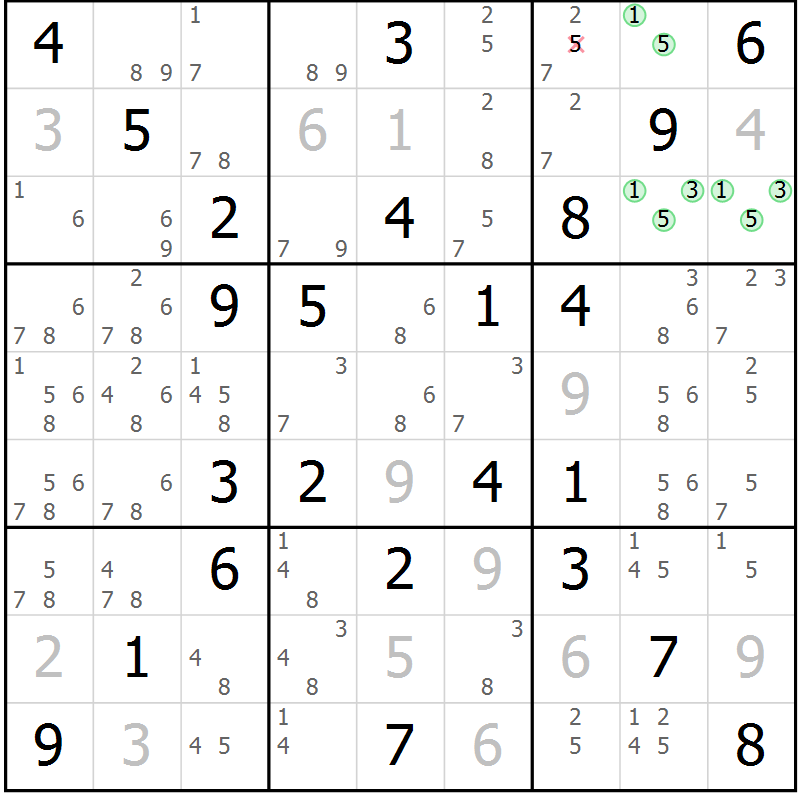 Position des candidats pour la solution de la Gr 50 page 53 du magazine de sudoku Virtuose n° 130