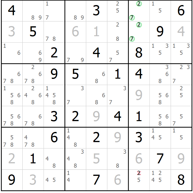Position des candidats pour la solution de la Gr 50 page 53 du magazine de sudoku Virtuose n° 130