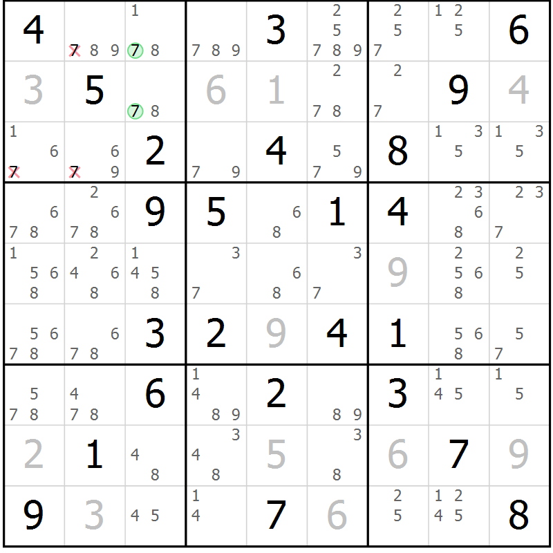 Position des candidats pour la solution de la Gr 50 page 53 du magazine de sudoku Virtuose n° 130
