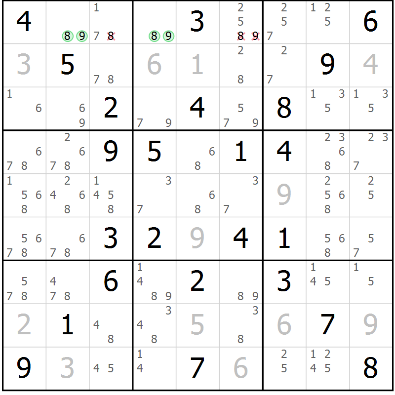 Position des candidats pour la solution de la Gr 50 page 53 du magazine de sudoku Virtuose n° 130
