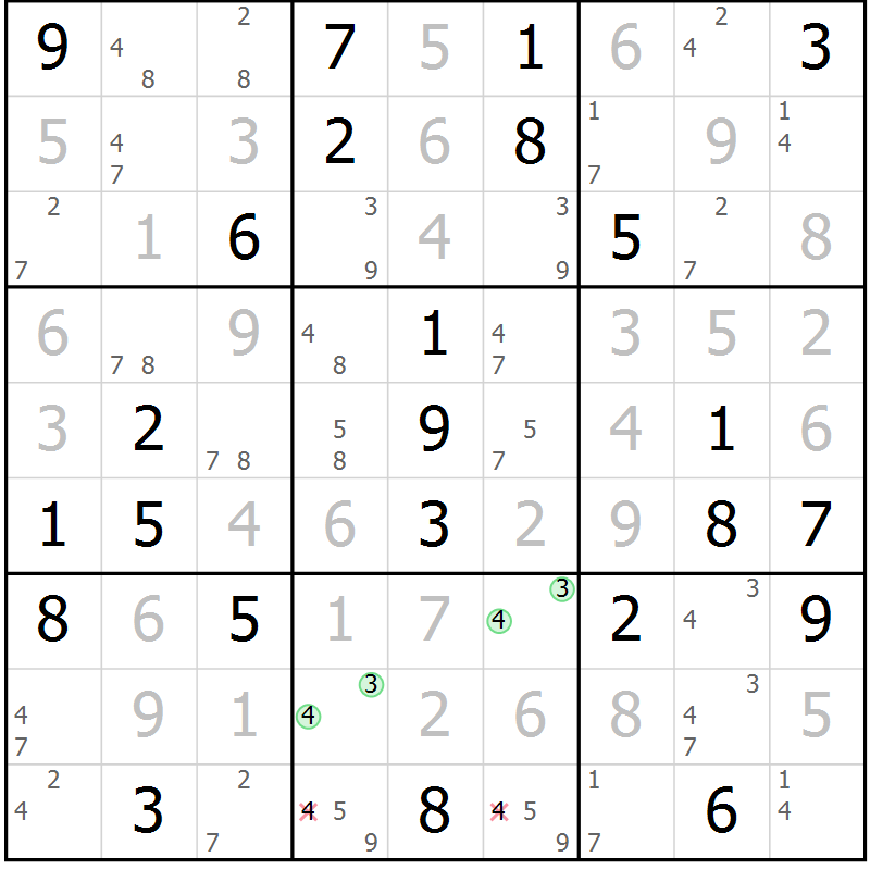 Position des candidats pour la solution de la Gr 52 page 55 du magazine de sudoku Virtuose n° 130