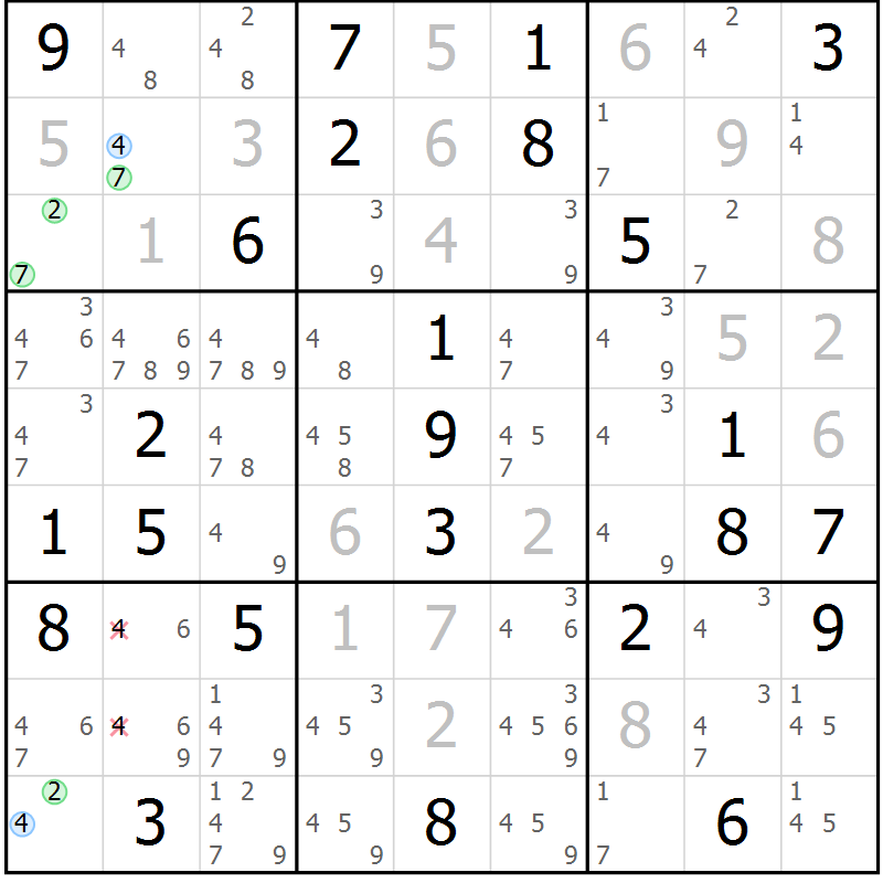 Position des candidats pour la solution de la Gr 52 page 55 du magazine de sudoku Virtuose n° 130