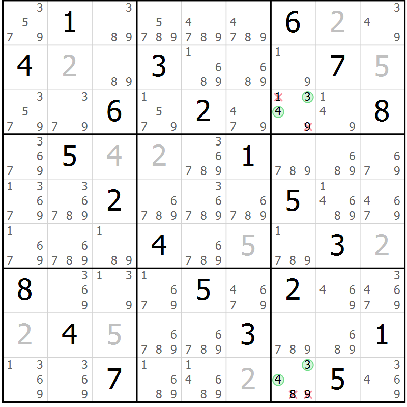 Position des candidats pour la solution de la Gr 53 page 56 du magazine de sudoku Virtuose n° 130
