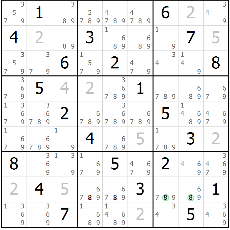 Position des candidats pour la solution de la Gr 53 page 56 du magazine de sudoku Virtuose n° 130