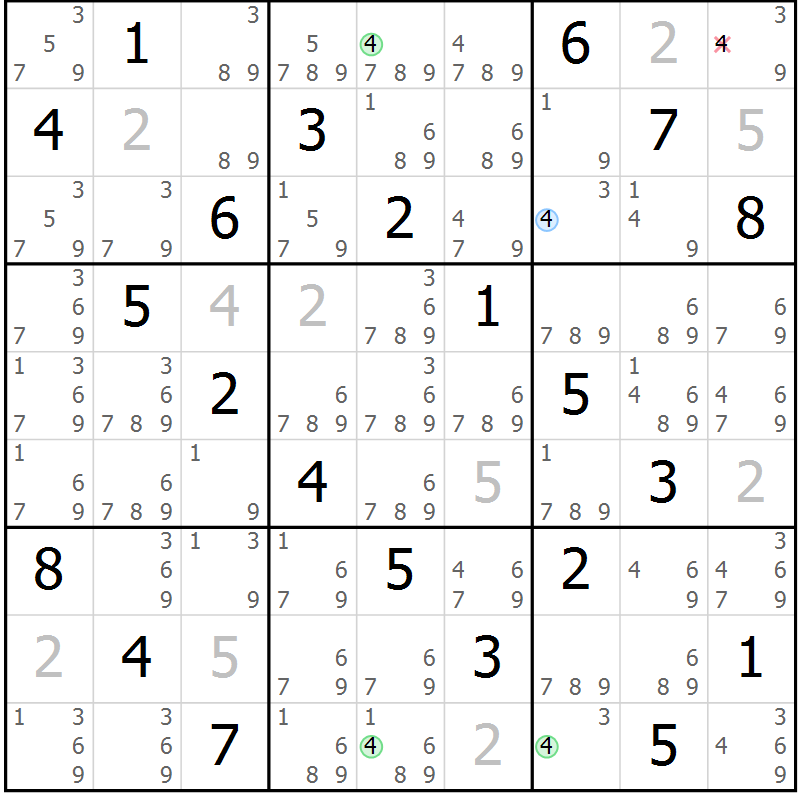 Position des candidats pour la solution de la Gr 53 page 56 du magazine de sudoku Virtuose n° 130