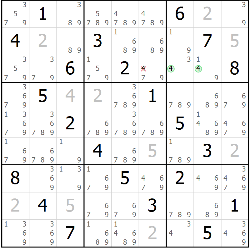 Position des candidats pour la solution de la Gr 53 page 56 du magazine de sudoku Virtuose n° 130