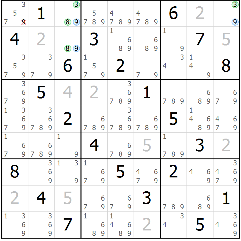 Position des candidats pour la solution de la Gr 53 page 56 du magazine de sudoku Virtuose n° 130