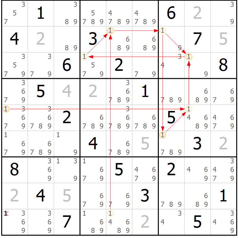 Position des candidats pour la solution de la Gr 53 page 56 du magazine de sudoku Virtuose n° 130