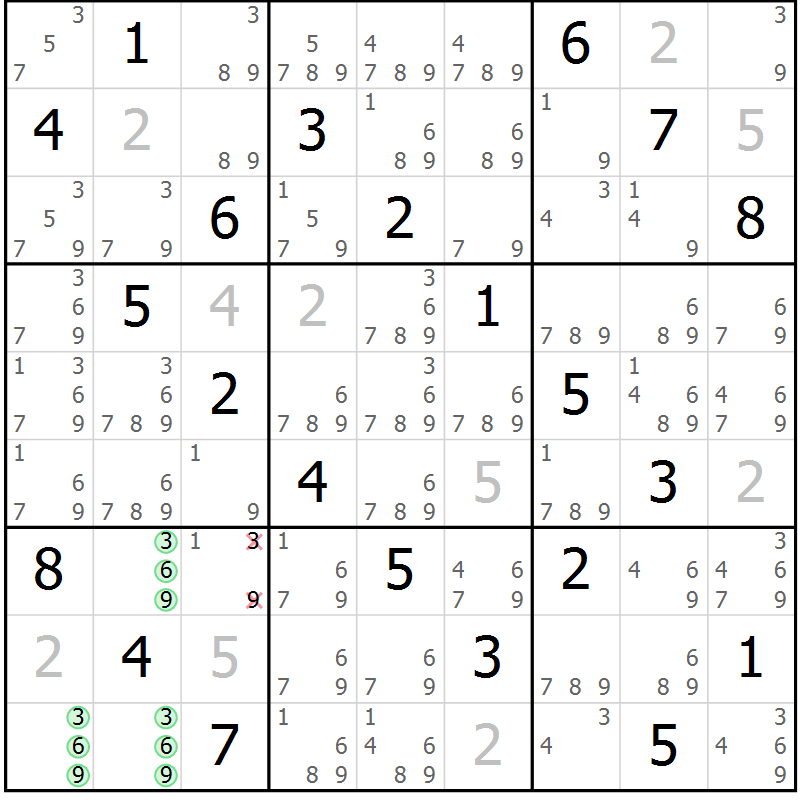 Position des candidats pour la solution de la Gr 53 page 56 du magazine de sudoku Virtuose n° 130