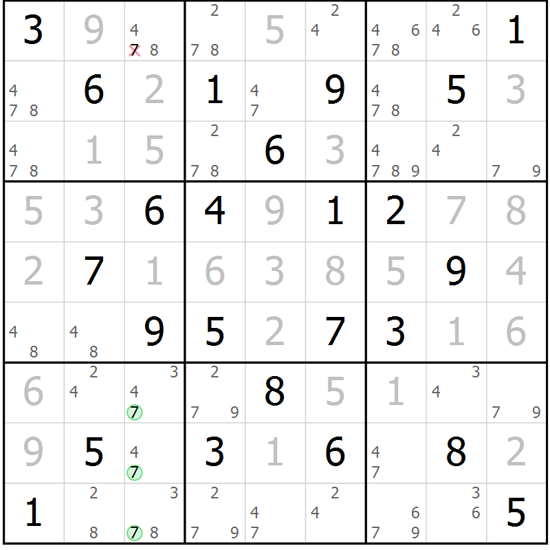 Position des candidats pour la solution de la Gr 54 page 57 du magazine de sudoku Virtuose n° 130