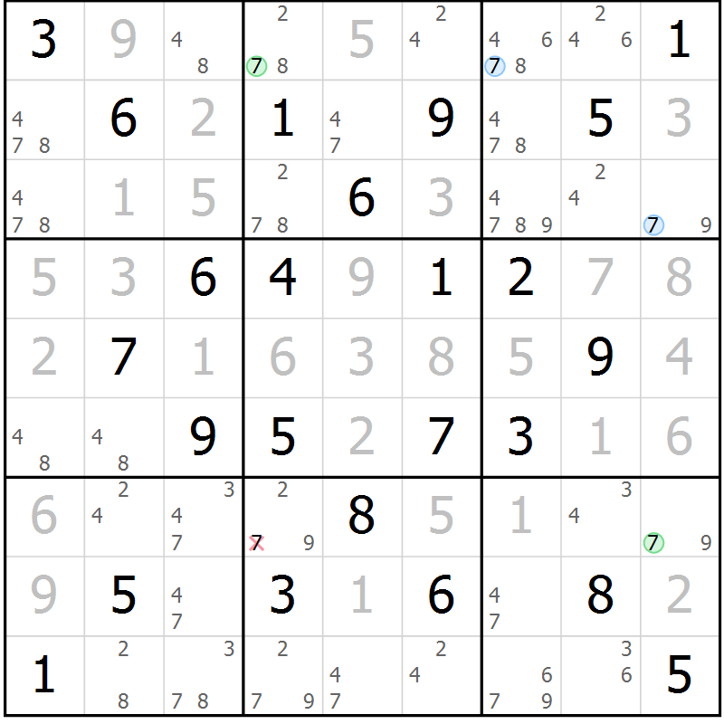 Position des candidats pour la solution de la Gr 54 page 57 du magazine de sudoku Virtuose n° 130