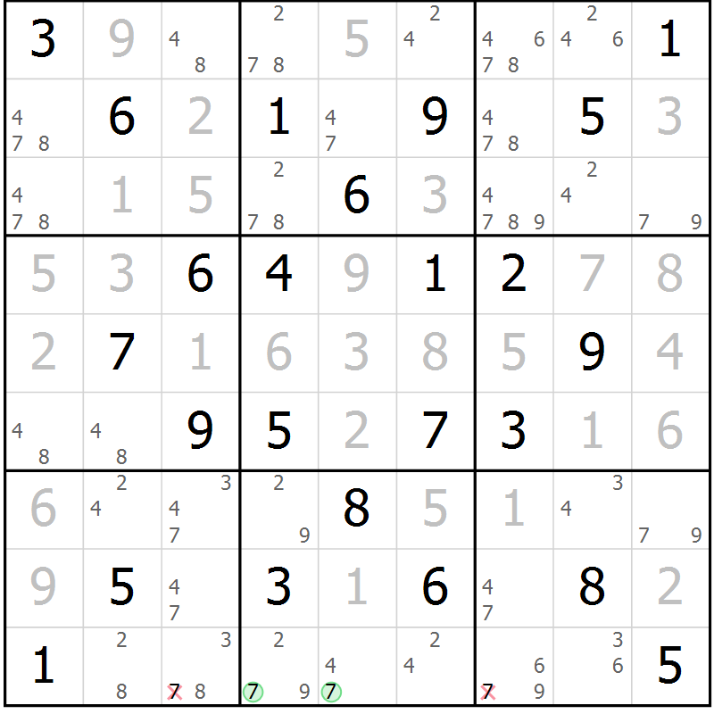 Position des candidats pour la solution de la Gr 54 page 57 du magazine de sudoku Virtuose n° 130