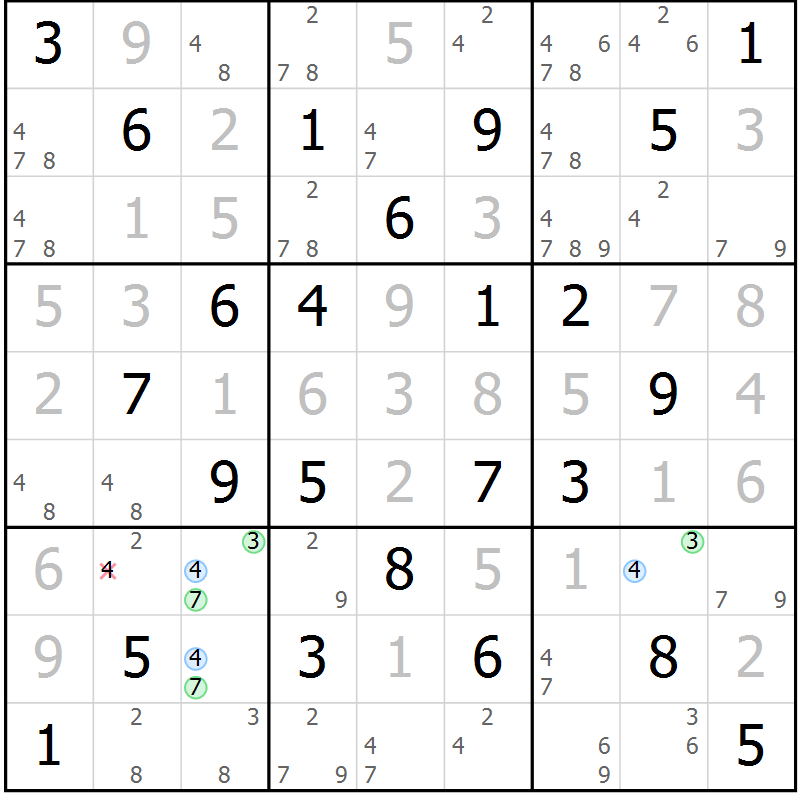 Position des candidats pour la solution de la Gr 54 page 57 du magazine de sudoku Virtuose n° 130