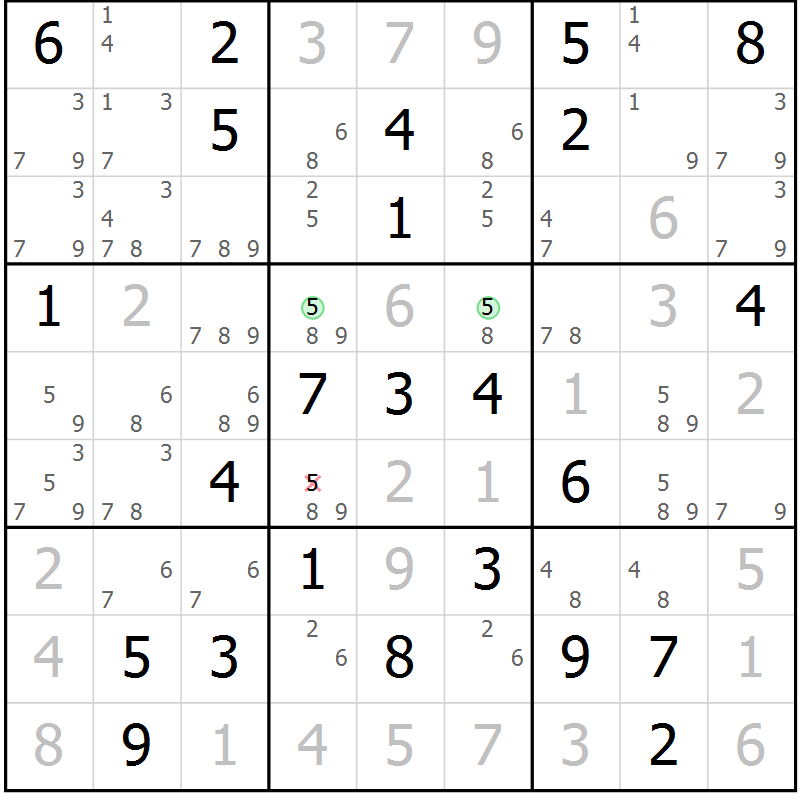 Position des candidats pour la solution de la Gr 55 page 58 du magazine de sudoku Virtuose n° 130