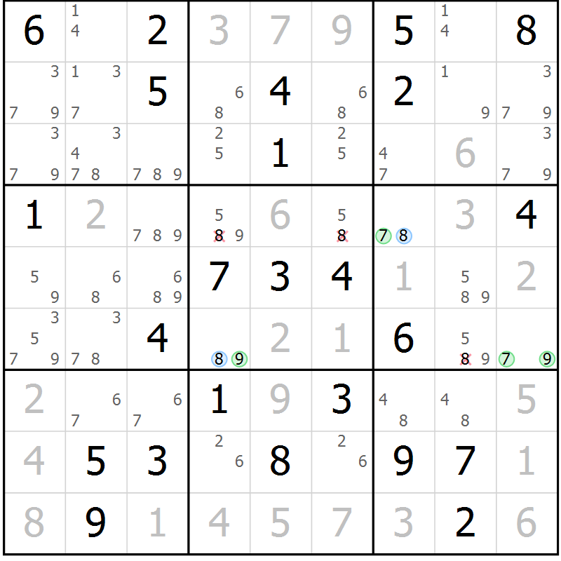 Position des candidats pour la solution de la Gr 55 page 58 du magazine de sudoku Virtuose n° 130