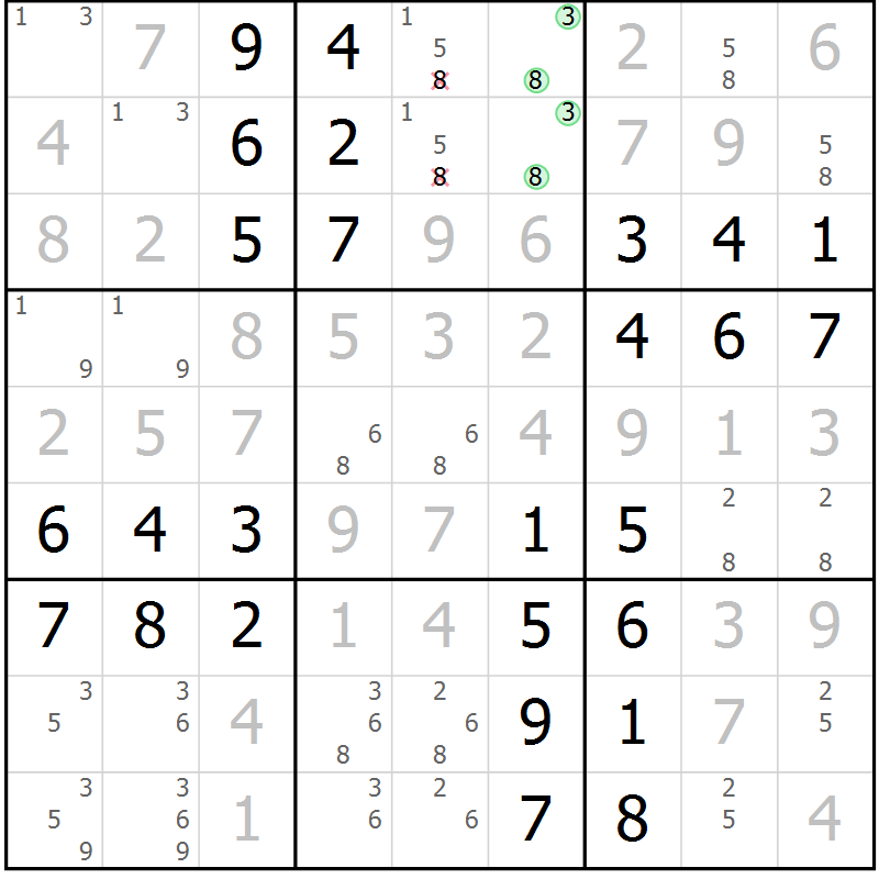 Position des candidats pour la solution de la Gr 56 page 59 du magazine de sudoku Virtuose n° 130