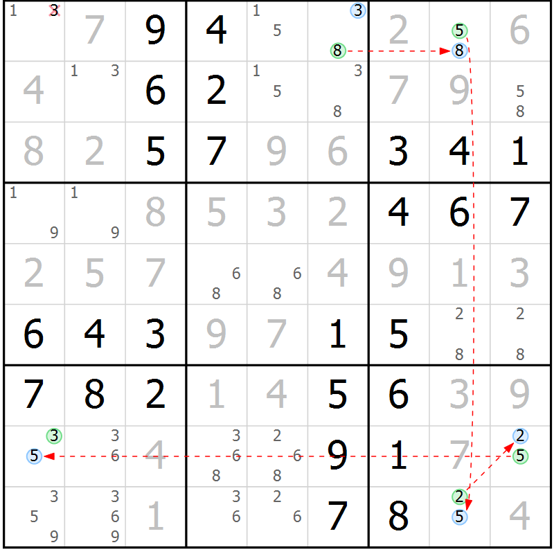 Position des candidats pour la solution de la Gr 56 page 59 du magazine de sudoku Virtuose n° 130
