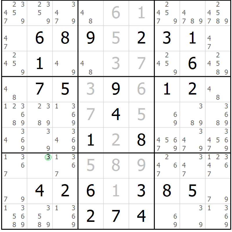 Position des candidats pour la solution de la Gr 58 page 61 du magazine de sudoku Virtuose n° 130