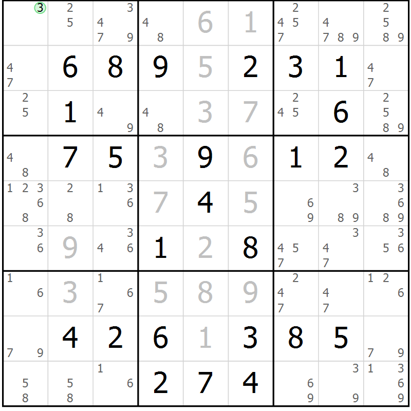 Position des candidats pour la solution de la Gr 58 page 61 du magazine de sudoku Virtuose n° 130