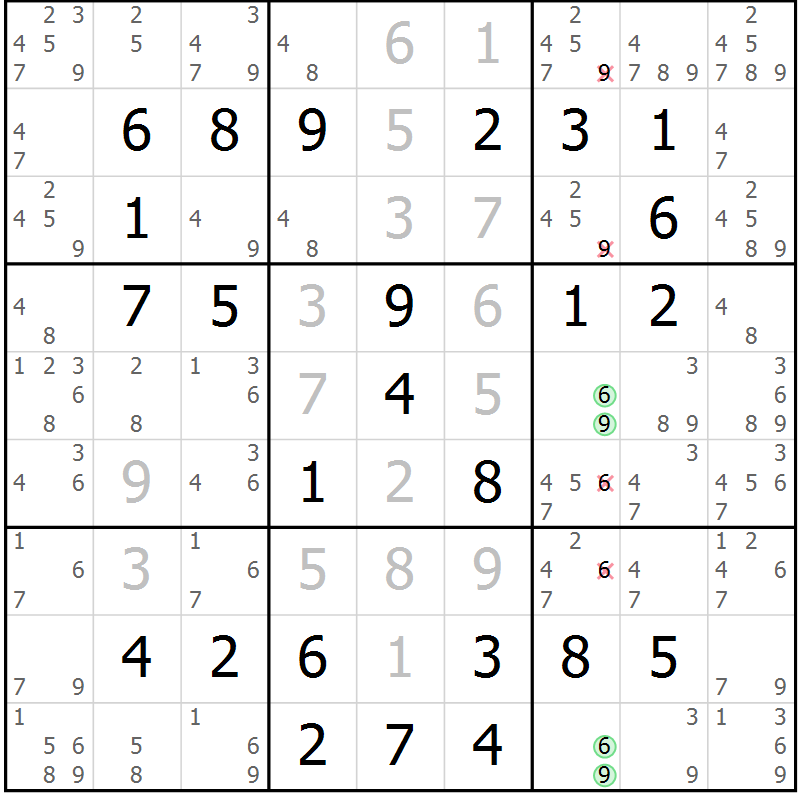 Position des candidats pour la solution de la Gr 58 page 61 du magazine de sudoku Virtuose n° 130