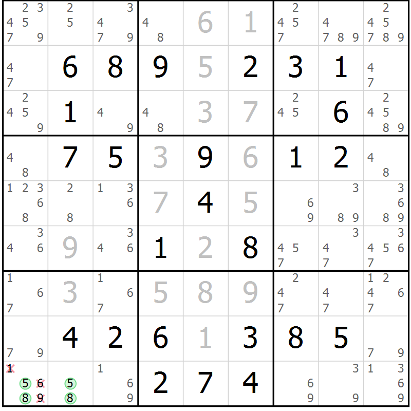 Position des candidats pour la solution de la Gr 58 page 61 du magazine de sudoku Virtuose n° 130