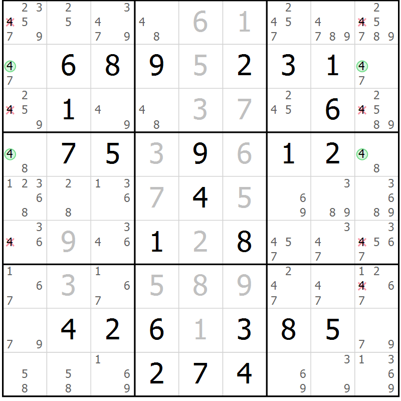 Position des candidats pour la solution de la Gr 58 page 61 du magazine de sudoku Virtuose n° 130