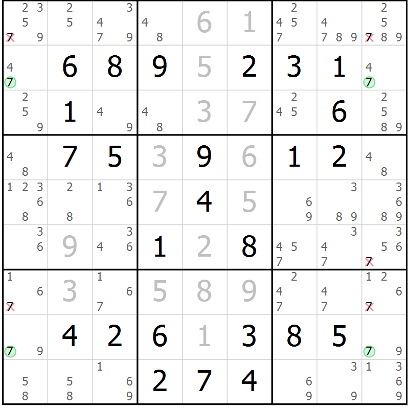 Position des candidats pour la solution de la Gr 58 page 61 du magazine de sudoku Virtuose n° 130