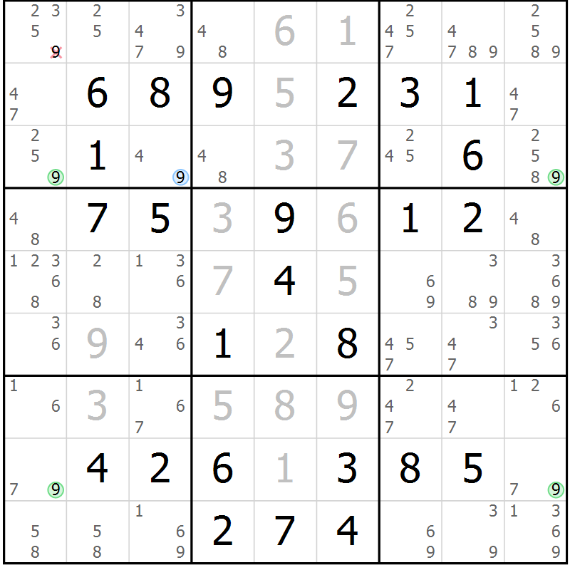 Position des candidats pour la solution de la Gr 58 page 61 du magazine de sudoku Virtuose n° 130