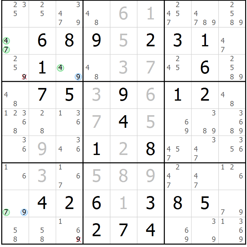 Position des candidats pour la solution de la Gr 58 page 61 du magazine de sudoku Virtuose n° 130
