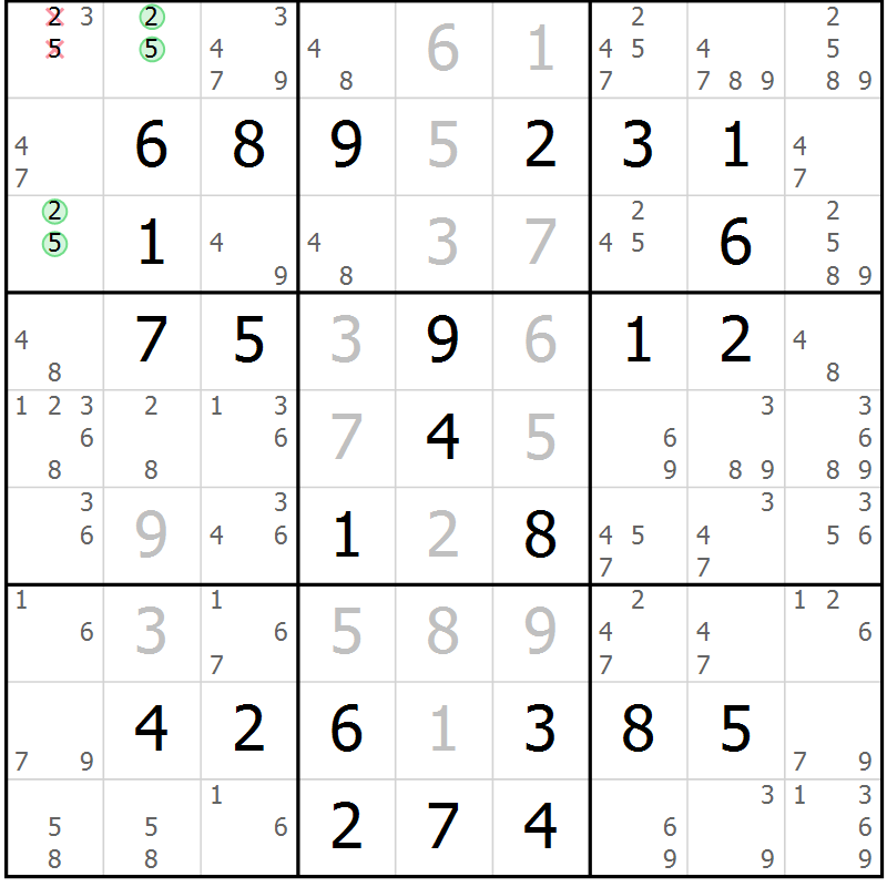 Position des candidats pour la solution de la Gr 58 page 61 du magazine de sudoku Virtuose n° 130