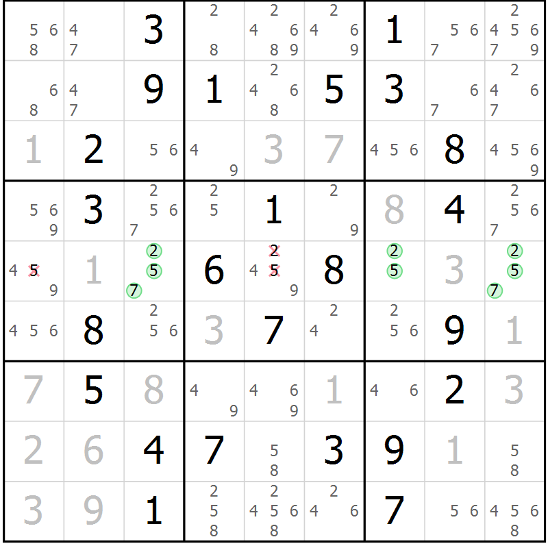 Position des candidats pour la solution de la Gr 59 page 62 du magazine de sudoku Virtuose n° 130
