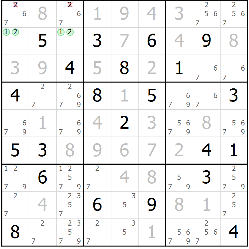 Position des candidats pour la solution de la Gr 6 page 9 du magazine de sudoku Virtuose n° 130